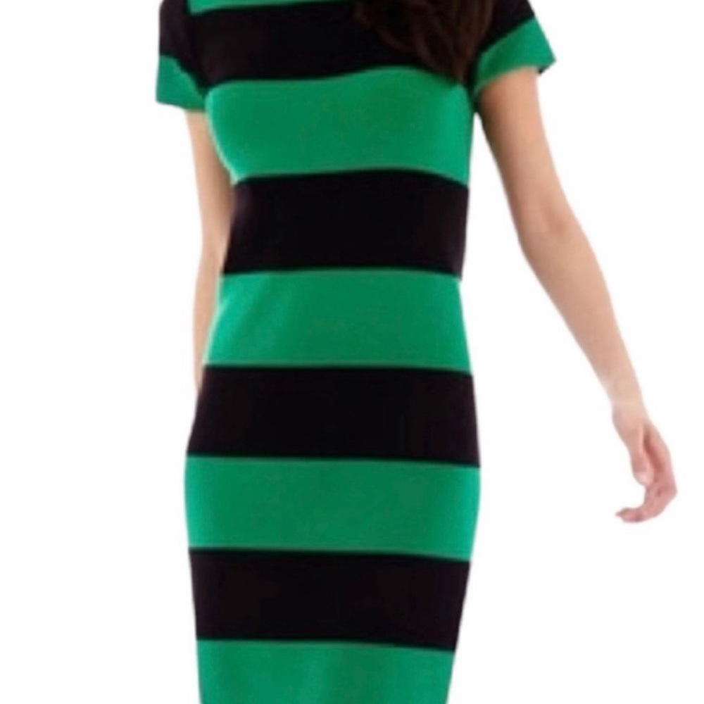 MNG Mango Suit Collection Green and Black Striped Fitted knit Midi Dress